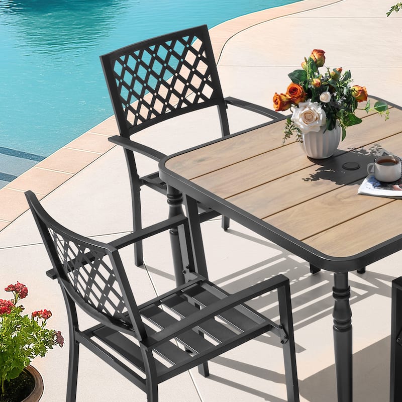 5PCS Patio Metal Dining Set with Wood-Grain Tabletop and Umbrella Hole