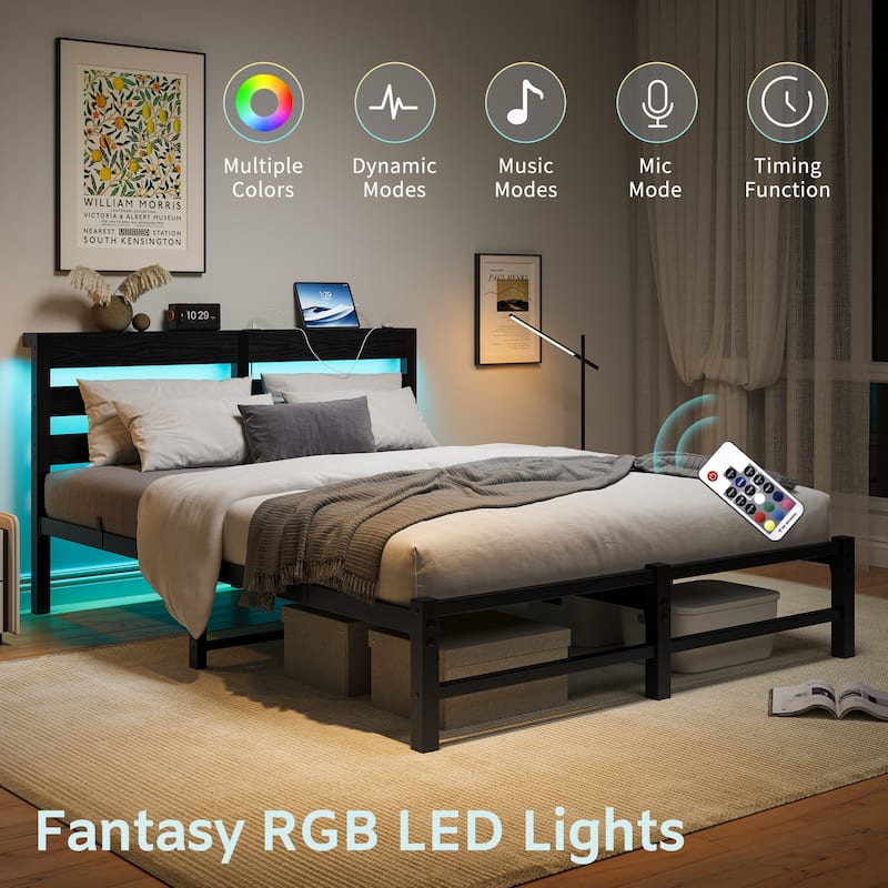 Black Queen Size Metal Bed with Wooden Headboard, RGB Lights & Storage Shelf