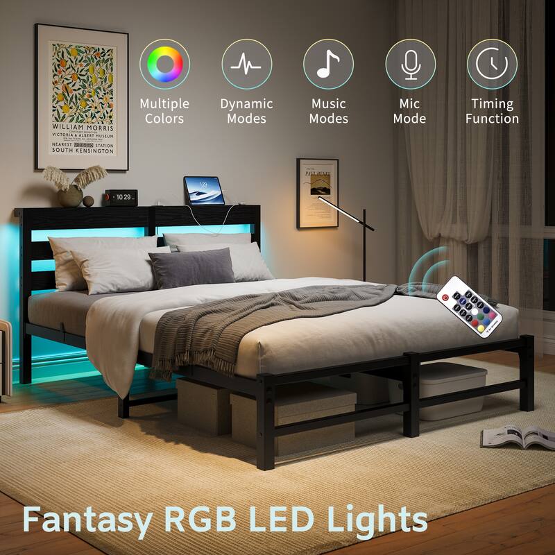 Metal Bed Frame Slats Platform Bed Open Frame with RGB LED Light and 2 USB Ports, Wooden Headboard, No Box Spring Needed - Black - Queen