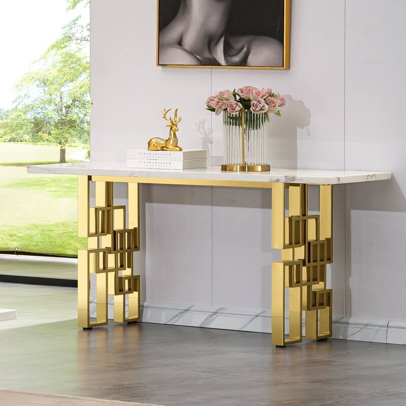Modern Console Table 55 inch Sofa Table with High Gloss Top and Mirrored Metal Base for Entryway Living Room - White