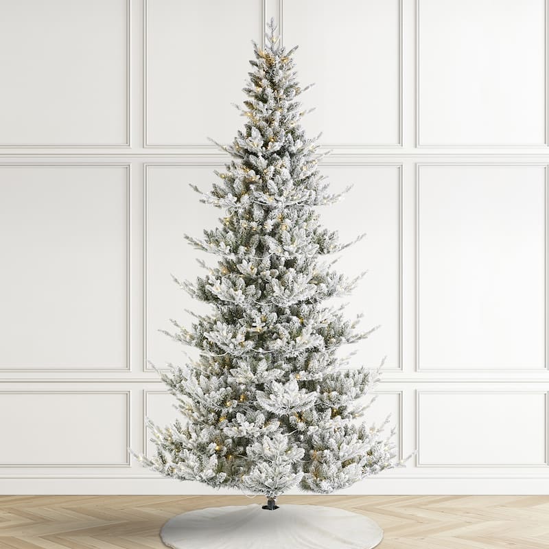 Glitzhome Snow Flocked Upward Slim Fir 7.5' or 9' Artificial Christmas Tree with LED Lights & Remote Control