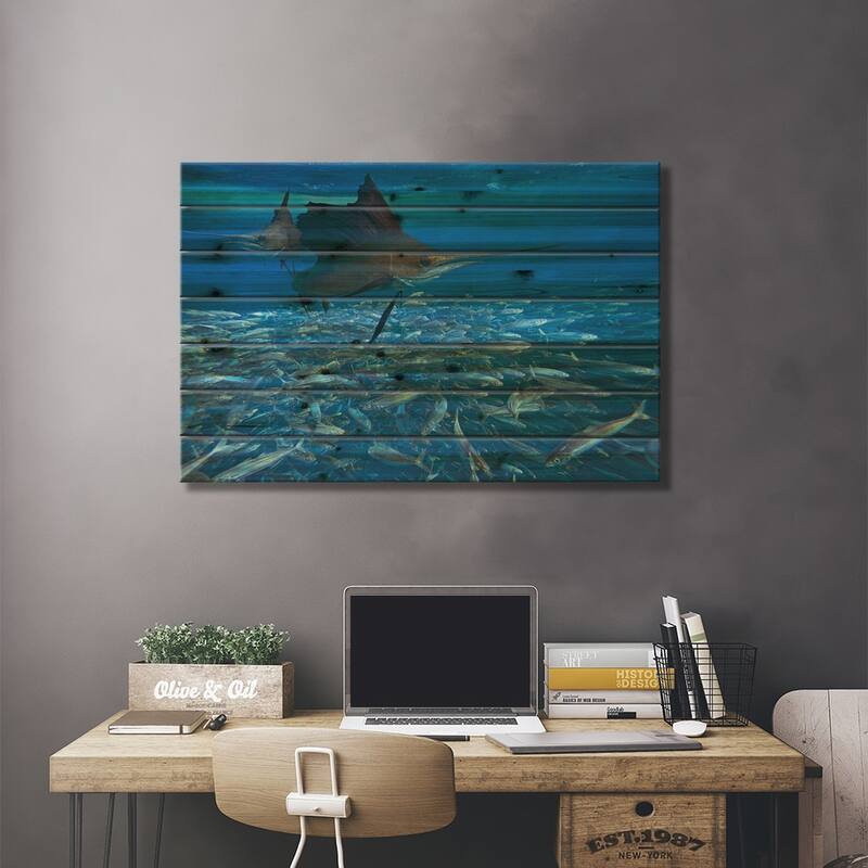 Sailfish Hunting Round Sardinella, Isla Mujeres, Mexico Print On Wood by Tim Fitzharris - Multi-Color
