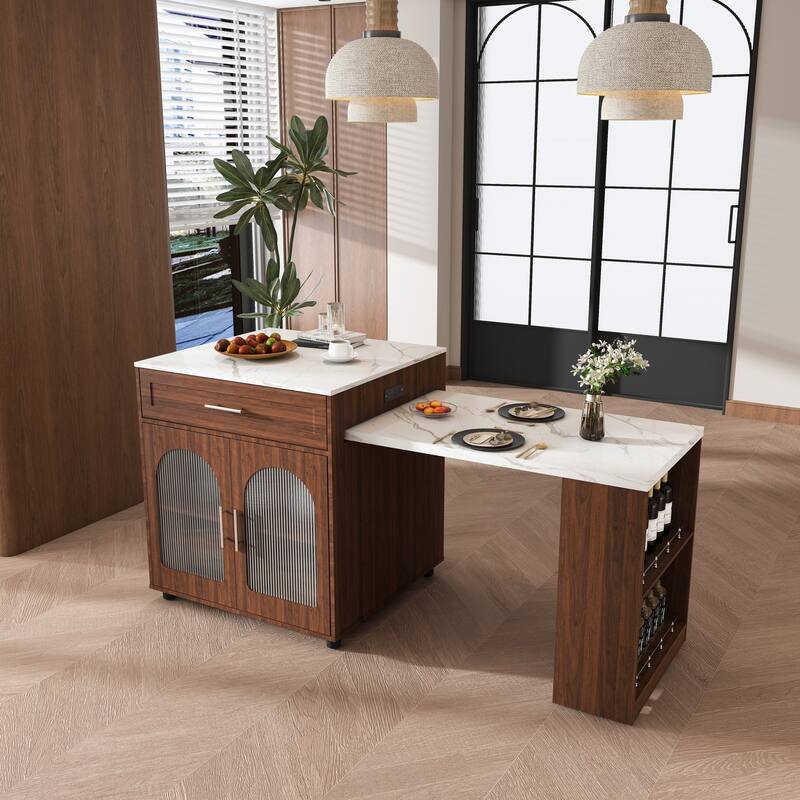80-Inch Expandable Mobile Kitchen Island with Dining Table, Marble-Grain Top & Power Outlet