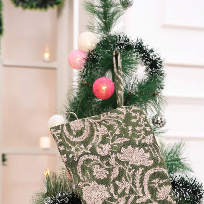 Fabdivine 16x6.5 Inches Hand Floral Block Print Christmas Stockings Tassle and Loop Perfect for Gift - 16"X6.5" - Kundanvan- Green - Christmas Stockings