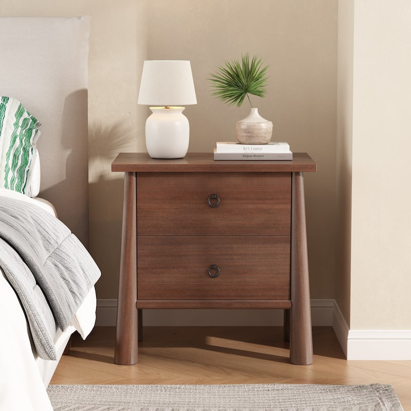 Christopher Knight Home - Modern Minimalist 23.62" Nightstand with Solid Wood Round Tapered Legs, Multi-Functional Use - Brown - 2-drawer
