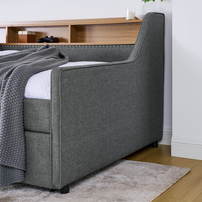 Grey Twin Upholstery Daybed with 3 LED Lights & 2 Storage Drawers