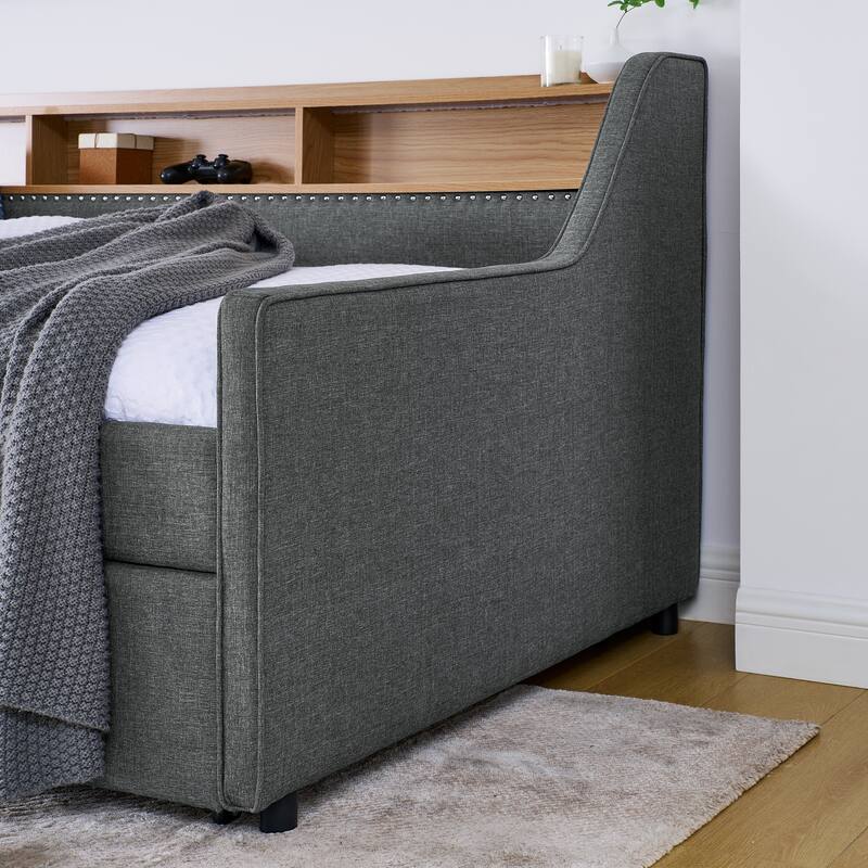 Roomfitters Twin Upholstered Sofa Bed with Adjustable Storage Headboard, Backlit Shelf and Underbed Storage Trundle