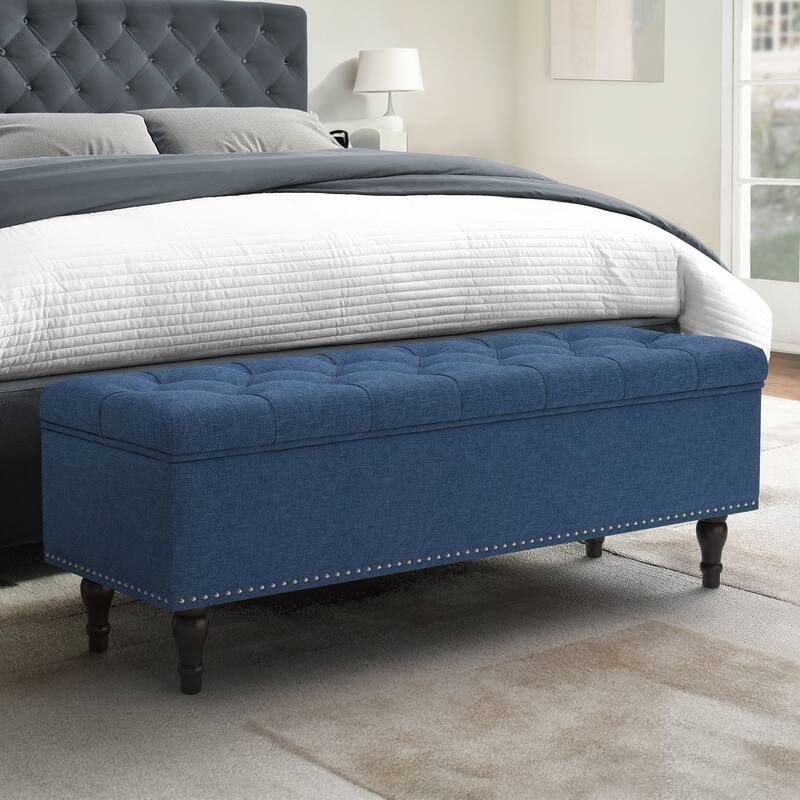Tufted Upholstered Storage Bench Ottoman with Hidden Storage for Bedroom, or Living Room - Dark Blue