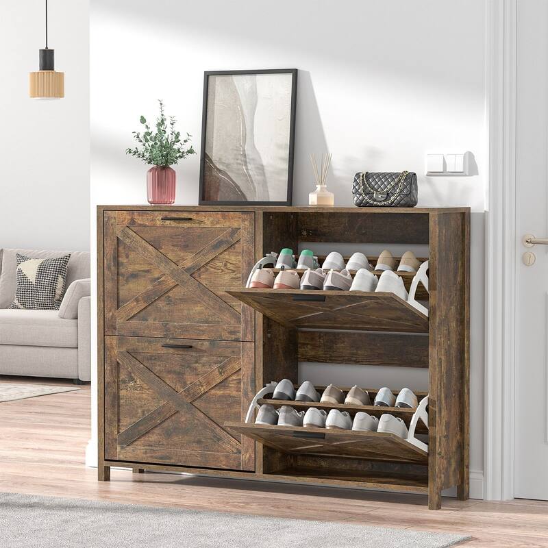 Anmytek 24 Pair Shoe Cabinet with 4 Flip Drawers - Space-Saving Entryway Storage - Brown