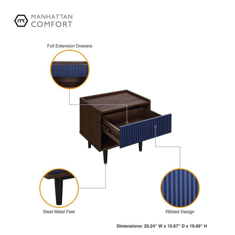 Modern Nightstand with Fluted Design Single Drawer and Open Shelf