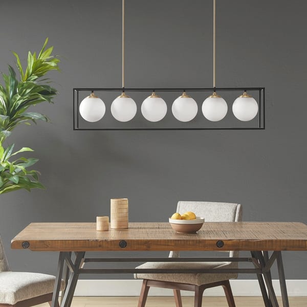 slide 2 of 9, INK+IVY Helena 6-Light Frosted Glass Globe Linear Chandelier Antique Brass/Black