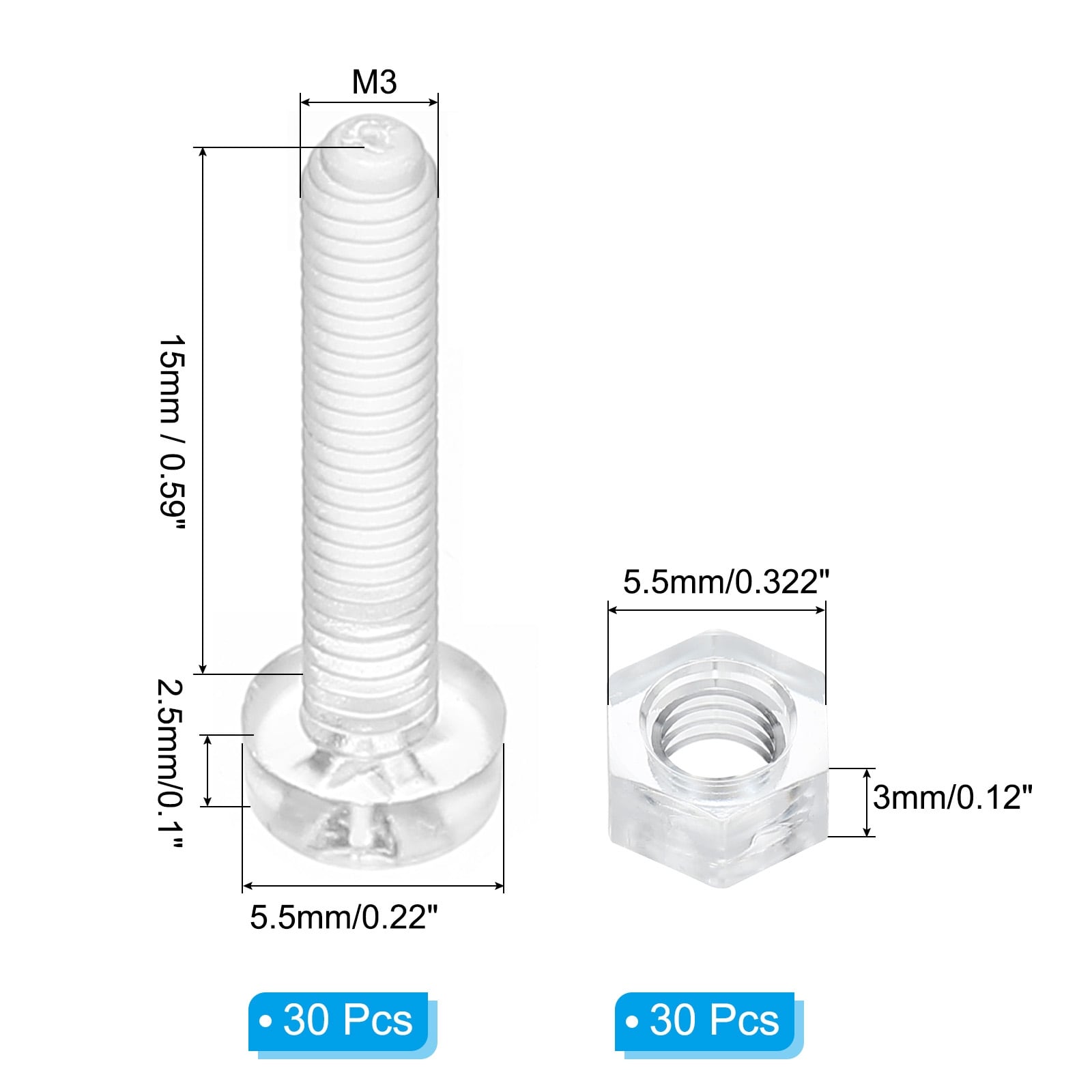 Clear Acrylic Screws and Hex Nuts Kit, 30 Set PC Plastic Phillips Round Head Bolts for Machine Accessories - Transparent