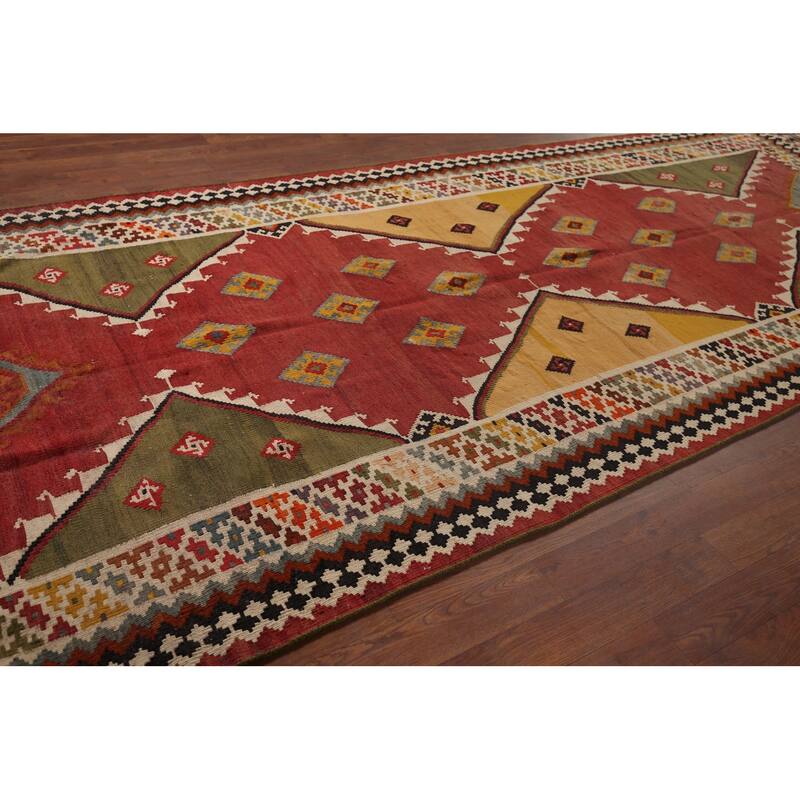 Vegetable Dye Orange Kilim Qashqai Persian Antique Wool Carpet - 4'4"x 10'10"
