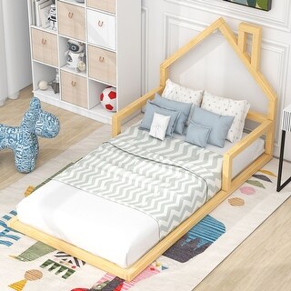 Twin Size Floor Bed with House Headboard - Sturdy Wood, Easy Assembly, Natural