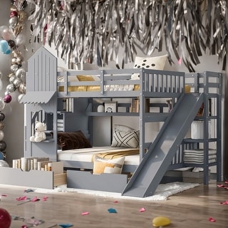 Full Over Full Castle Bunk Bed with Drawers, Shelves and Slide, Gray