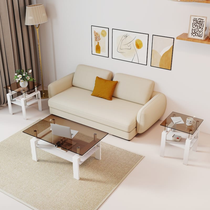 Set of 2 Modern Tempered Glass Tea Table ,Tempered Glass Tabletop with MDF Layer,Coffee Table