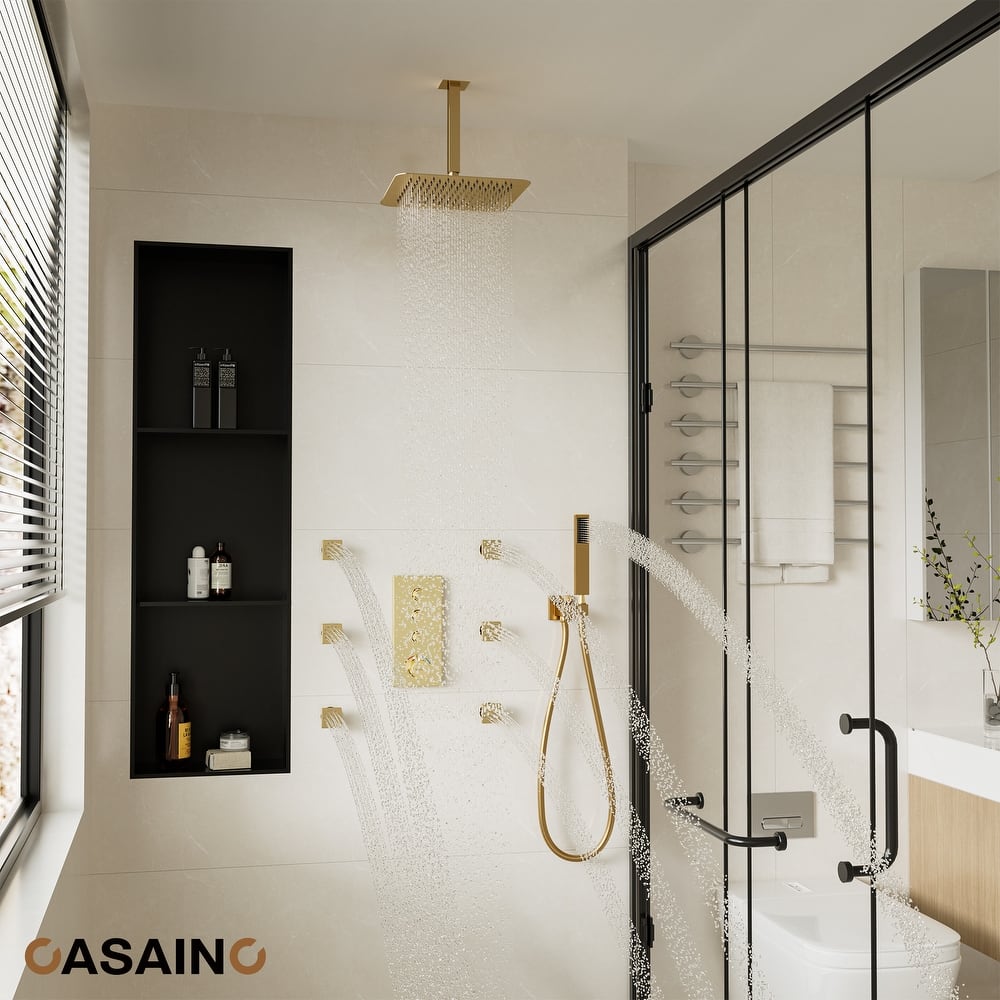 Luxury Thermostatic Shower System 1-Spray Patterns Ceiling Mount Fixed Shower Head and Handheld Spray with 6 Body Jets