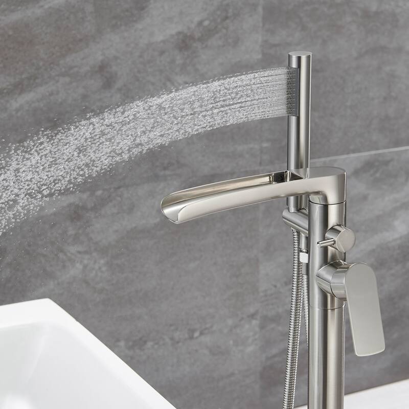 Brushed Nickel Double Handle Floor Mounted Freestanding Tub Filler with Handshower