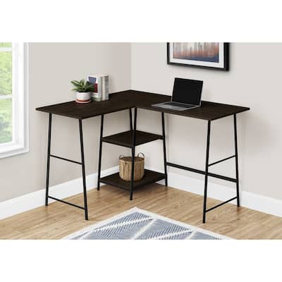 Industrial Corner Computer Desk with Storage Shelves and Metal Sawhorse Legs