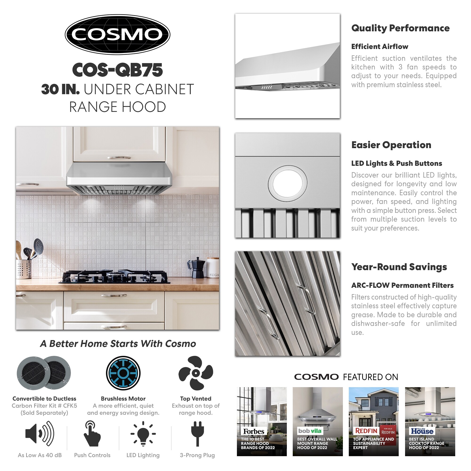 Cosmo 30 inch Wall Mount Range Hood with Ducted Convertible