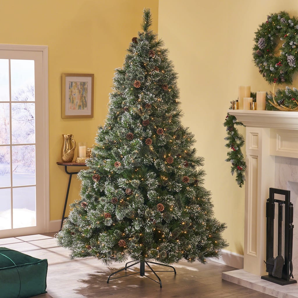 9-ft Faux Cashmere Pine, Spruce Pre-Lit/Unlit Artificial Christmas Tree with Snowy Branches Pinecones by Christopher Knight Home