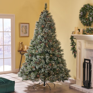 9-ft Faux Cashmere Pine, Spruce Pre-Lit/Unlit Artificial Christmas Tree with Snowy Branches Pinecones by Christopher Knight Home