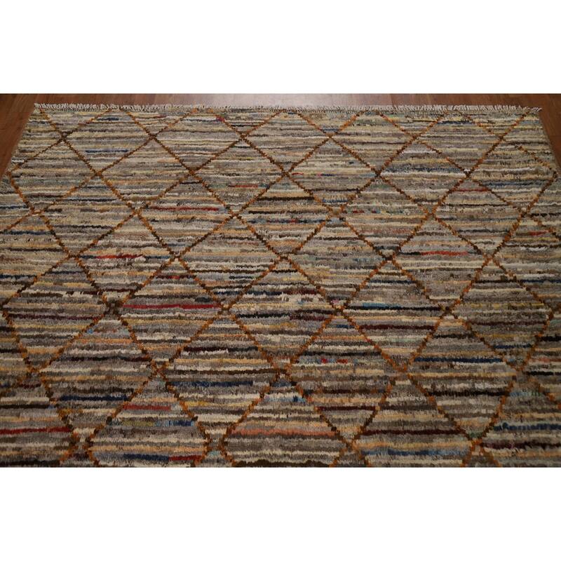 Hand Knotted Oriental 100% Wool Carpet Modern Stripe Multi-Colored Moroccan Area Rug - 9' 9'' X 6' 7''