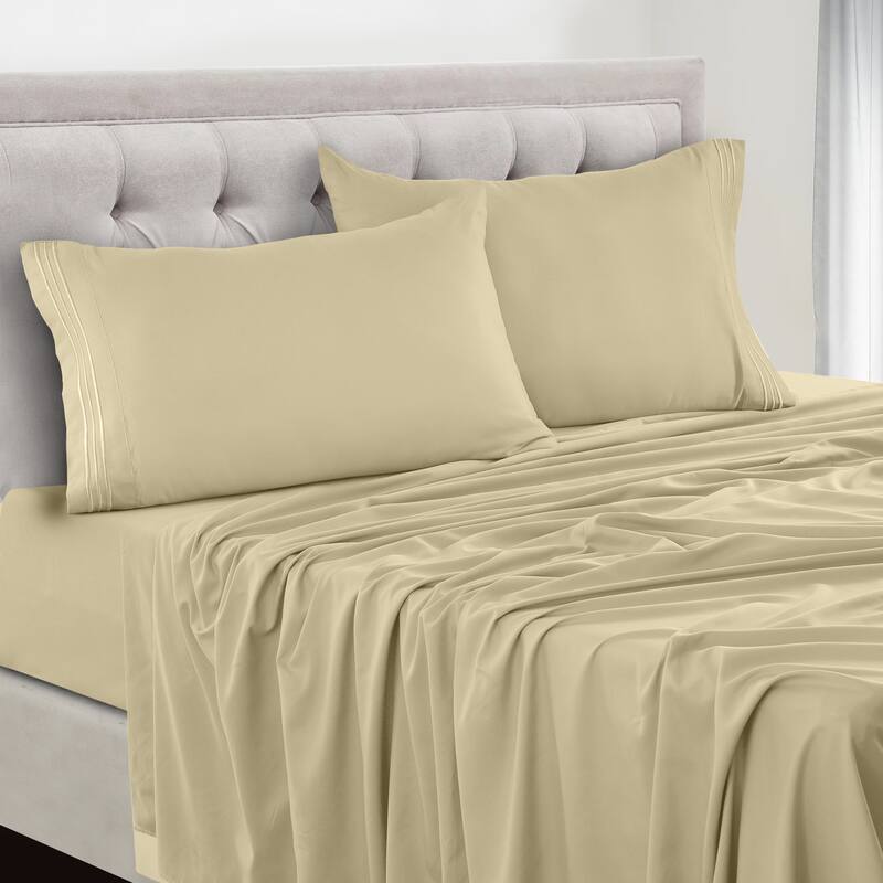 6 Piece Bed Sheet Set Deep Pocket Ultra Soft Microfiber Bedding Sheets - Twin XL - Beige