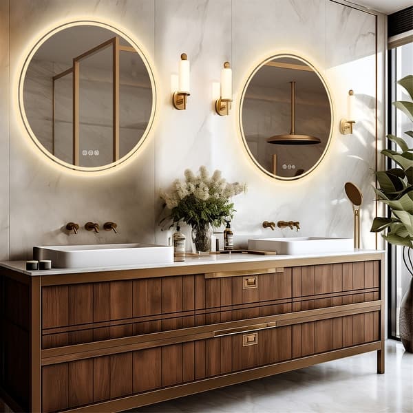 slide 2 of 18, 23.6''x23.6'' Round Intelligent Bathroom Wall Mirror w/Demister Led Light