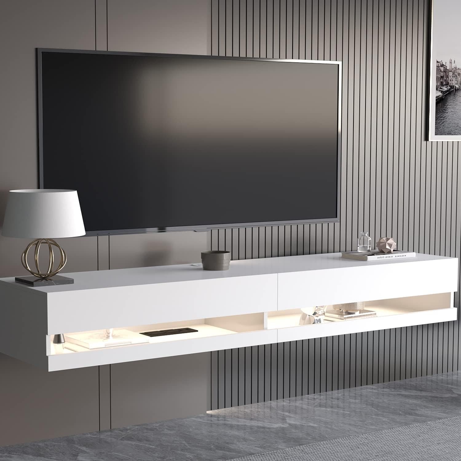 71-inch floating wall-mounted TV stand with LED lights, power outlets, high gloss finish in white