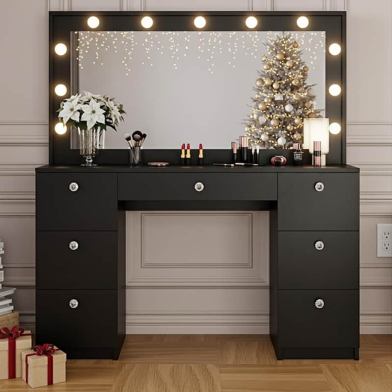 Boahaus Makeup Vanity 7 Drawers Lighted Crystal Knobs USB Port - Black