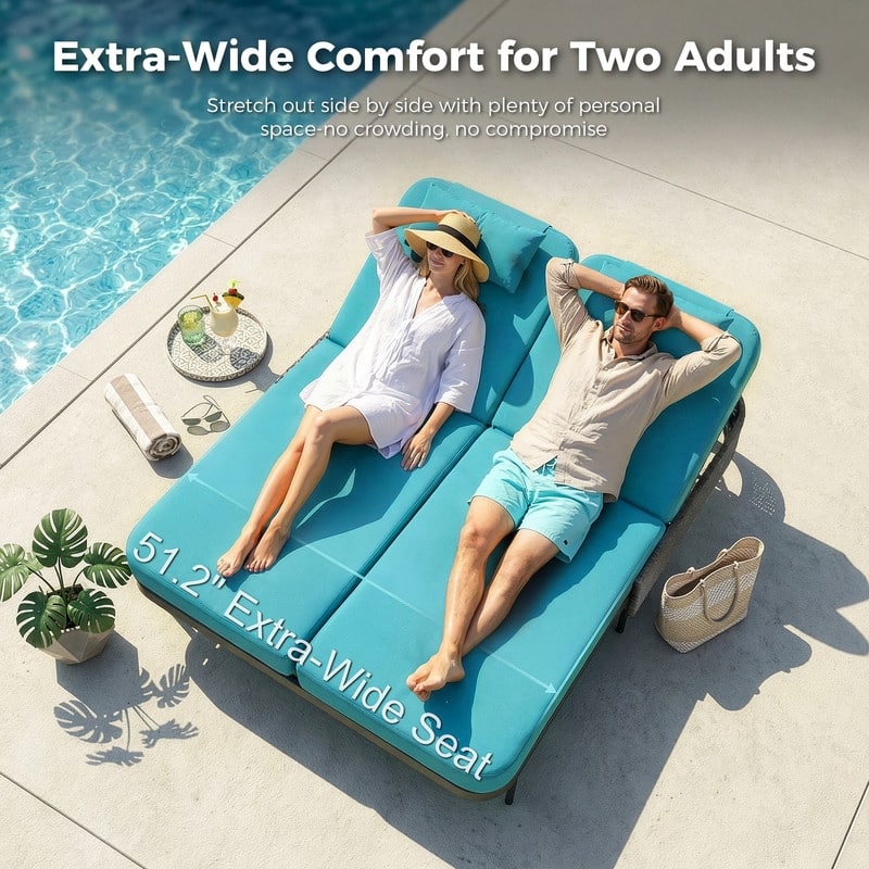 Outdoor Sectional Conversation Set PE Wicker with Double Chaise Lounge, 60,000 BTU Fire Pit Table