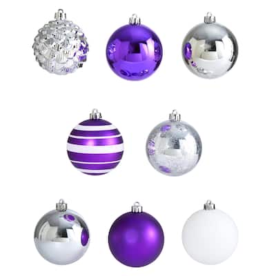 Shatterproof 8-Finish Christmas Ball Ornaments - 3" (80mm) - Silver and Purple - 64ct