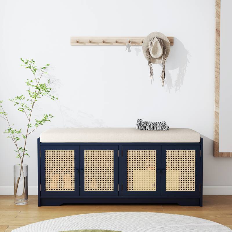 Upholstered Storage Bench with Cabinet Rattan Style Wood Cabinet