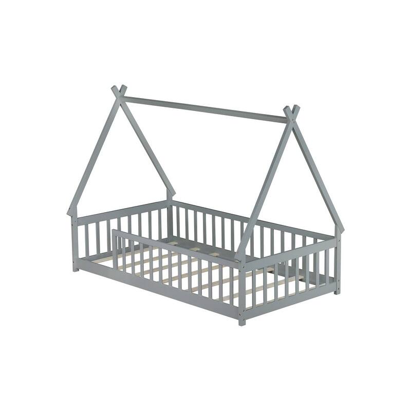 Twin Size Tent-shaped Floor Bed with Guardrails and Slats
