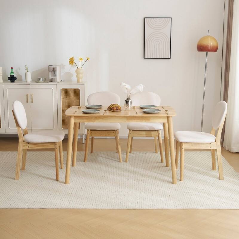 Mid-Century Wood Dining Set with Fabric Chairs,5-Pcs Set,Natural Oak Finish