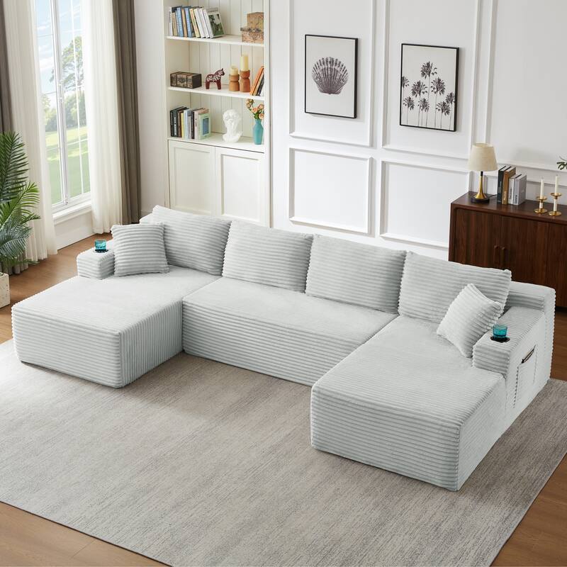 Corduroy Upholstery Cloud Modular Sectional Sofa with Chaise and Pillows, All-Foam Compression Design