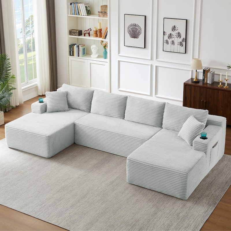 U-Shaped Modular Sectional Sofa with Dual Chaise Lounges, Corduroy Cloud Couch with Cup Holders, Compressible Deep Seat Sofa