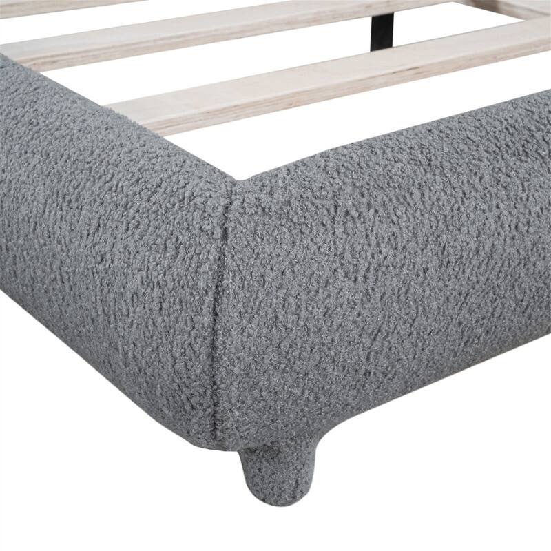 Teddy Fleece Upholstered Bed Frame with Curved Shaped Headboard, Full/Queen Size Platform Bed with Wood Slats Support
