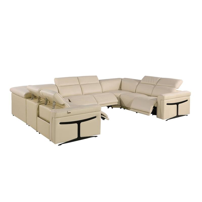 HomeRoots Beige Italian Leather Power Reclining U Shaped Eight Piece Corner Sectional With Console