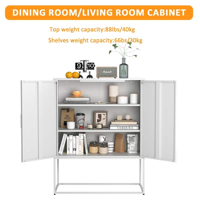 Heavy Duty Metal Buffet Sideboard Modern Steel Storage Cabinet with 2 Shelves, Free Standing Accent Cabinet with Magnetic Doors
