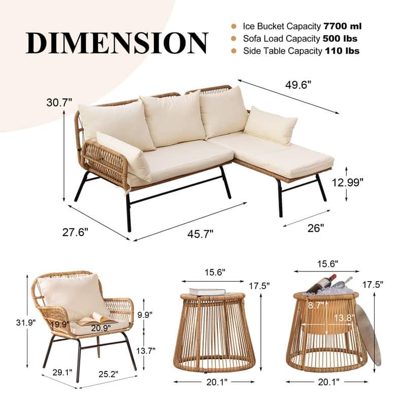 6-Piece Boho Wicker Patio Furniture Set, L-Shaped Outdoor Sectional Sofa with Ice Bucket Table, Beige Cushions