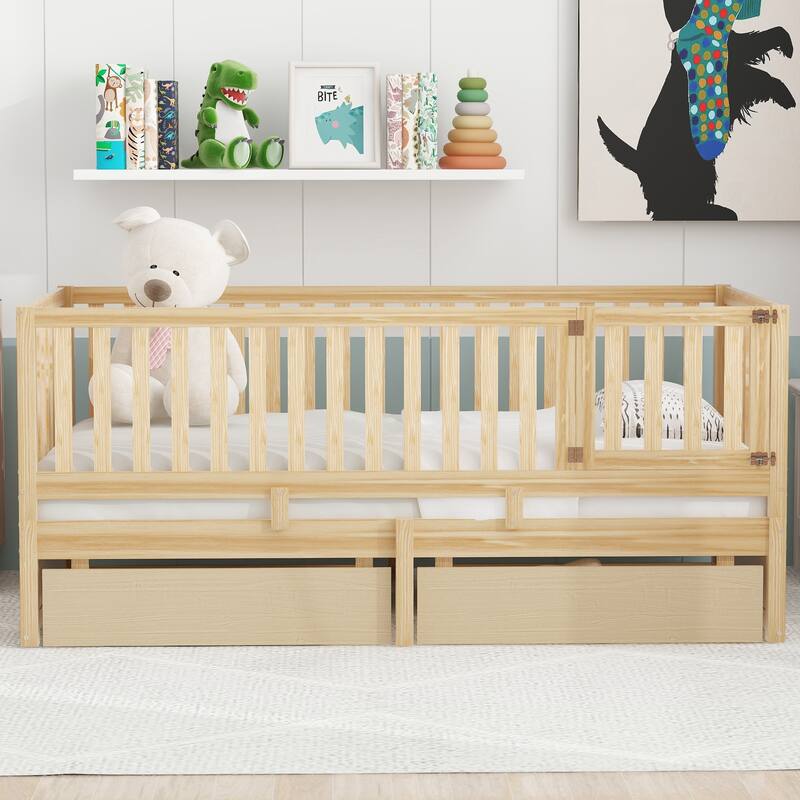 Pine Wood Daybed Floor Bed Frame with Fence Guardrails and 2 Drawers, Converts into Two Individual Beds, No Box Spring Needed
