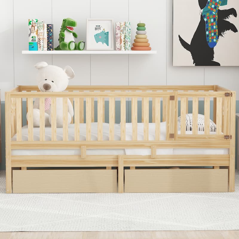Twin Size Wood Daybed with Fence Guardrails and 2 Drawers, Split into Independent Floor Bed & Daybed