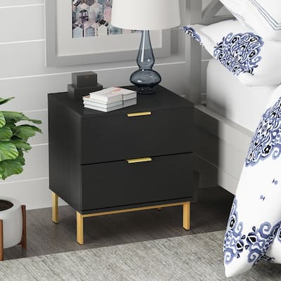 Timechee Nightstand Bedside Table 2-Drawer with Metal Legs, Black
