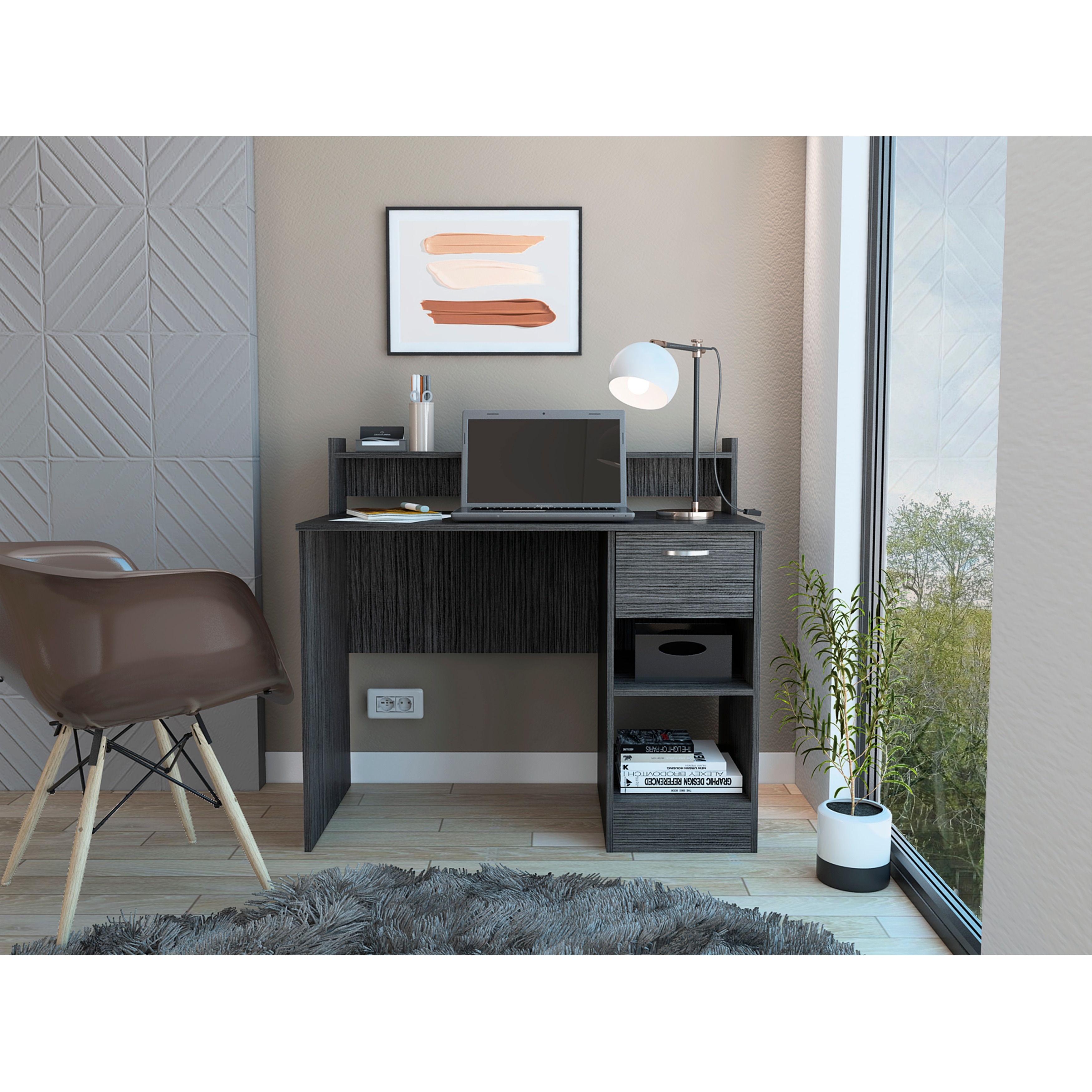 Modern Writing Desk with Storage Drawers, Open Shelf, and Stylish Hutch for Home Office or Study Room
