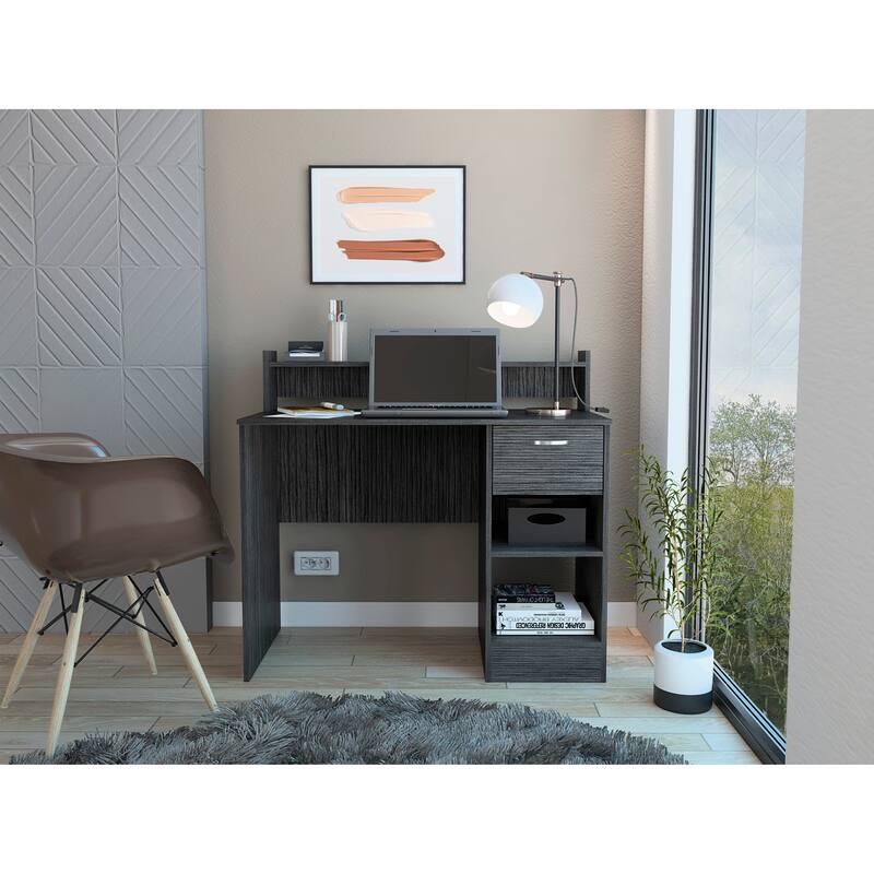 Modern Writing Desk with Storage Drawers, Open Shelf, and Stylish Hutch for Home Office or Study Room - Grey