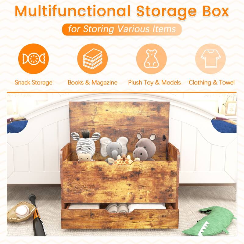 Lift Top Wooden Toy Box Storage Bench with Drawer, Brown - 31.5"L x 15.75"W x 20.08"H