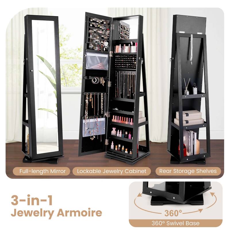 Costway 360degree Rotatable Jewelry Cabinet 2-in-1 Lockable Mirrored - See Details