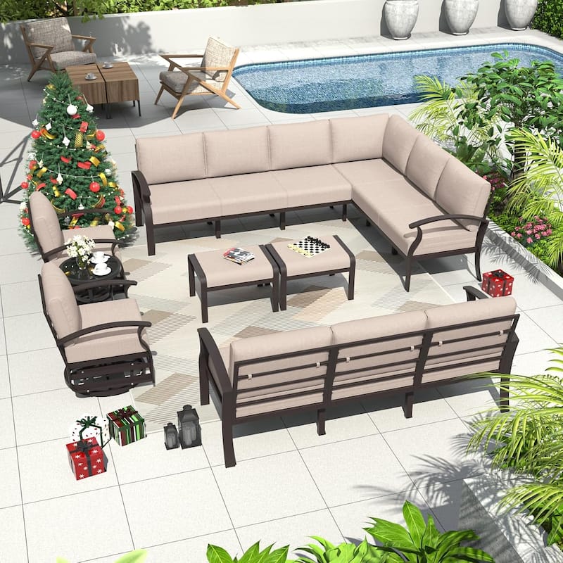 Kullavik Aluminum Corner Sofa Set, Patio Outdoor Sectional Sofa Set with Armrests and Footrests - 13 Seats/Swivel - Khaki